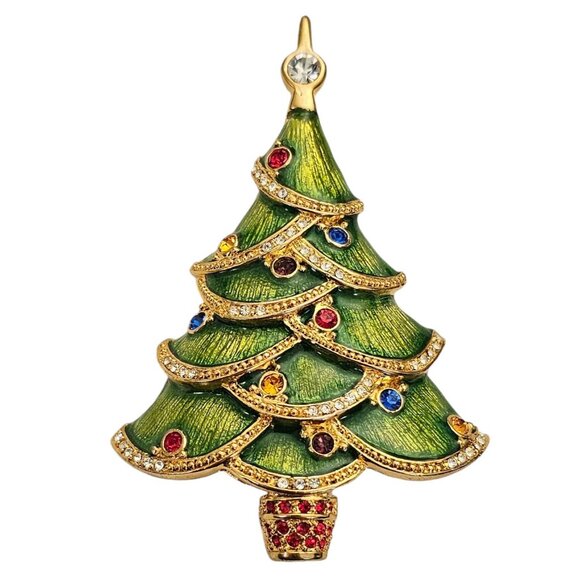 Christopher Radko Green Enamel Christmas Tree Brooch Rhinestone Pin, Signed L650 - Picture 8 of 8